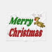 メリークリスマス飛んでいるトナカイタイポグラフィ フリースブランケット (正面(横))