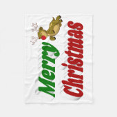 メリークリスマス飛んでいるトナカイタイポグラフィ フリースブランケット (正面)