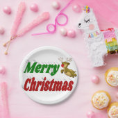 メリークリスマス飛んでいるトナカイタイポグラフィ ペーパープレート (パーティー)
