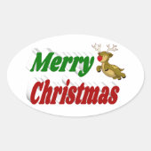 メリークリスマス飛んでいるトナカイタイポグラフィ 楕円形シール (正面)