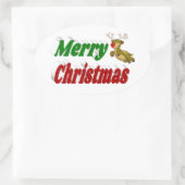 メリークリスマス飛んでいるトナカイタイポグラフィ 楕円形シール (バッグ)