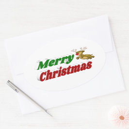 メリークリスマス飛んでいるトナカイタイポグラフィ 楕円形シール