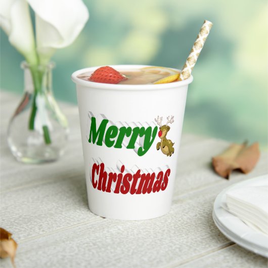 メリークリスマス飛んでいるトナカイタイポグラフィ 紙コップ (インサイチュ)