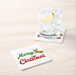 メリークリスマス飛んでいるトナカイ赤い緑のスクリプト スクエアペーパーコースター