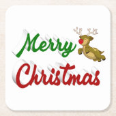 メリークリスマス飛んでいるトナカイ赤い緑のスクリプト スクエアペーパーコースター (正面)