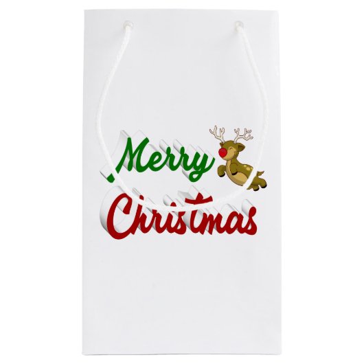 メリークリスマス飛んでいるトナカイ赤い緑のスクリプト スモールペーパーバッグ (裏面)