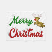 メリークリスマス飛んでいるトナカイ赤い緑のスクリプト フリースブランケット (正面(横))