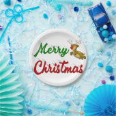 メリークリスマス飛んでいるトナカイ赤い緑のスクリプト ペーパープレート (パーティー)