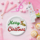 メリークリスマス飛んでいるトナカイ赤い緑のスクリプト ペーパープレート (パーティー)