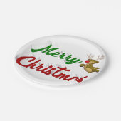 メリークリスマス飛んでいるトナカイ赤い緑のスクリプト ペーパープレート (アングル)