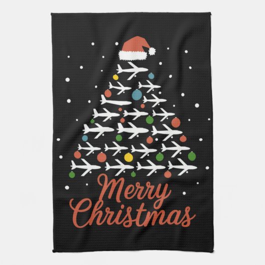 メリークリスマス飛行機のツリーバケーション キッチンタオル (縦)