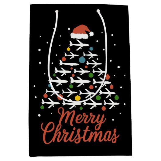 メリークリスマス飛行機のツリーバケーション ミディアムペーパーバッグ (正面)