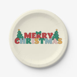 メリークリスマス飾タイポグラフィパインツリー ペーパープレート