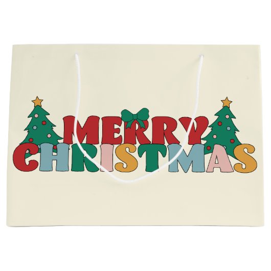 メリークリスマス飾タイポグラフィパインツリー ラージペーパーバッグ (正面)