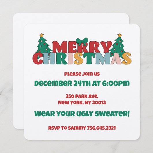 メリークリスマス飾タイポグラフィパインツリー 招待状 (正面/裏面)