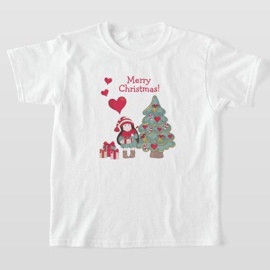 メリークリスマス飾 – 木と女の子 Tシャツ (レイダウン)