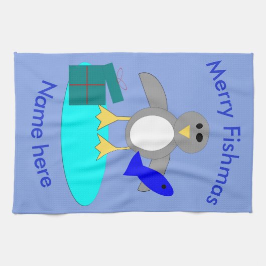 メリークリスマス魚釣りペンギンカスタムタオル キッチンタオル (横)