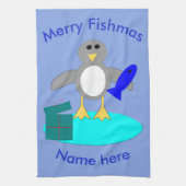 メリークリスマス魚釣りペンギンカスタムタオル キッチンタオル (縦)