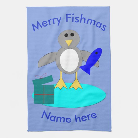 メリークリスマス魚釣りペンギンカスタムタオル キッチンタオル (縦)