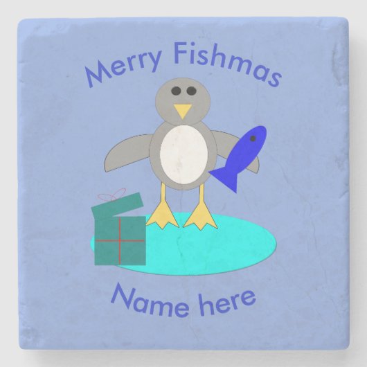 メリークリスマス魚釣りペンギンストーンコースター ストーンコースター (正面)