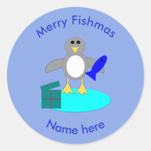 メリークリスマス魚釣りペンギン ラウンドシール