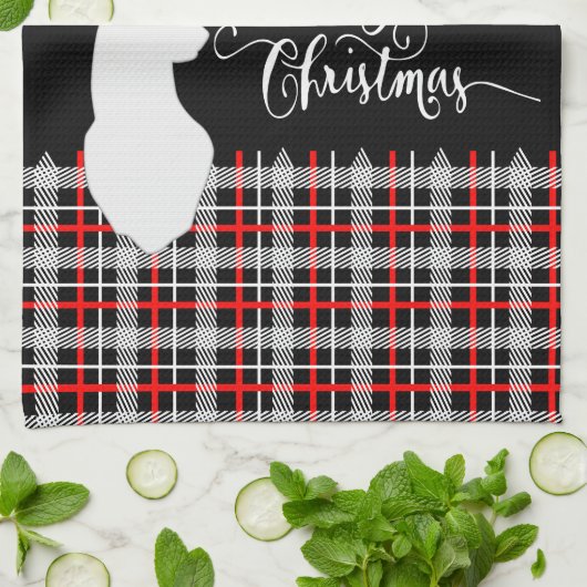 メリークリスマス鹿赤いプレイド キッチンタオル (折り畳み)