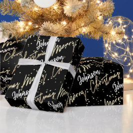 メリークリスマス黄金のスクリプト名ブラックホワイト ラッピングペーパー