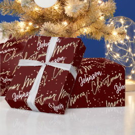 メリークリスマス黄金のスクリプト名マルーンレッド ラッピングペーパー