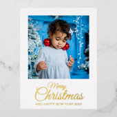 メリークリスマス1の写真のエレガントスクリプト金ゴールド 箔シーズンポストカード (正面)