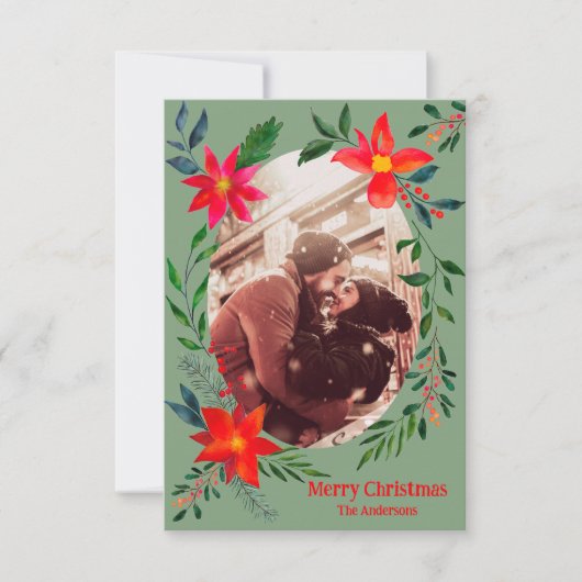 メリークリスマス1フォトウォーターカラーフローラ休日 サンキューカード (正面)