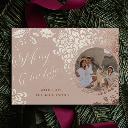 メリークリスマス1フォトヴィンテージホリー実在 箔シーズンカード