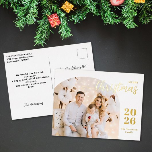 メリークリスマス1写真アーチミニマモダンリスト 箔シーズンポストカード