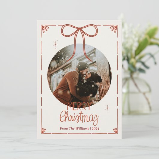 メリークリスマス1枚かわいい赤いリボン シーズンカード (スタンド正面)