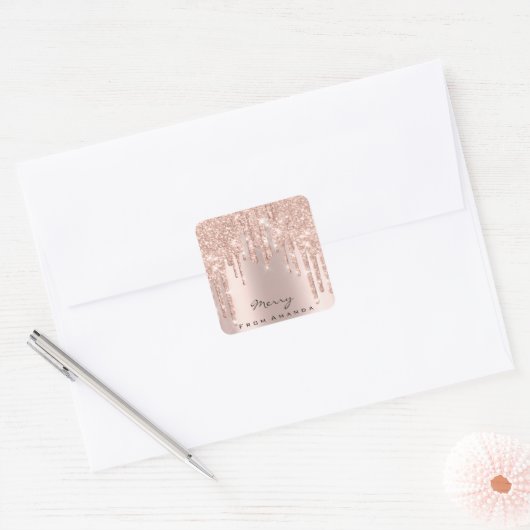 メリークリスマス16thピンクのローズ金ゴールドスパーク スクエアシール (封筒)