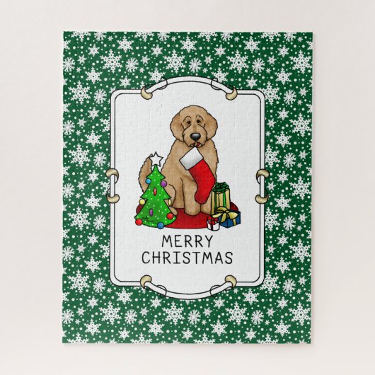 メリークリスマス2ゴールデンドードル（ゴールデンレッド）かわいい ジグソーパズル (縦)