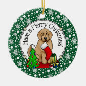 メリークリスマス2ゴールデンドードル(ゴールデンレッド)かわいい セラミックオーナメント (正面)