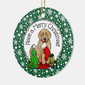メリークリスマス2ゴールデンドードル(ゴールデンレッド)かわいい セラミックオーナメント (左)