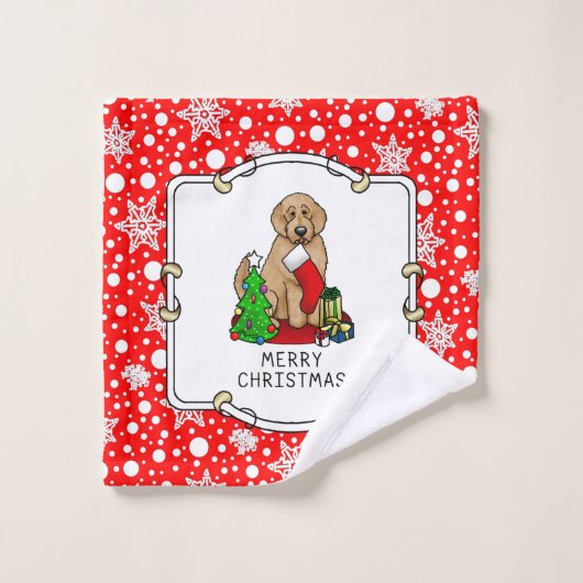 メリークリスマス2ゴールデンドードル(ゴールデンレッド)かわいい バスタオルセット (ウォッシュタオル)