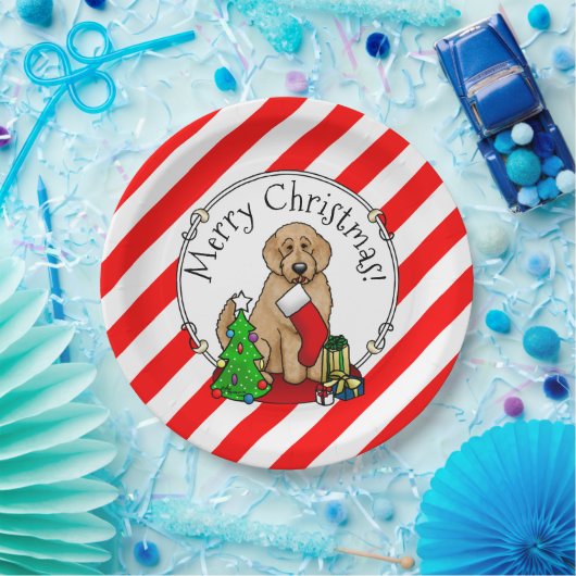 メリークリスマス2ゴールデンドードル(ゴールデンレッド)かわいい ペーパープレート (パーティー)