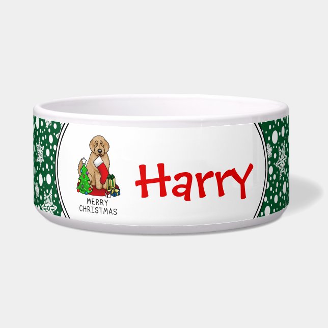 メリークリスマス2ゴールデンドードル（ゴールデンレッド）かわいい ボウル (正面)