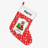 メリークリスマス2ゴールデンドードル（ゴールデンレッド）かわいい ラージクリスマスストッキング (正面 (吊り時))