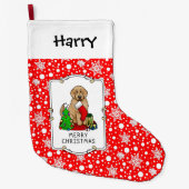 メリークリスマス2ゴールデンドードル（ゴールデンレッド）かわいい ラージクリスマスストッキング (正面)