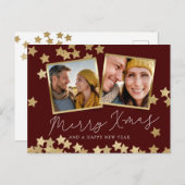メリークリスマス2フォトホリデーポストカードレッド金ゴールド シーズンポストカード (正面/裏面)