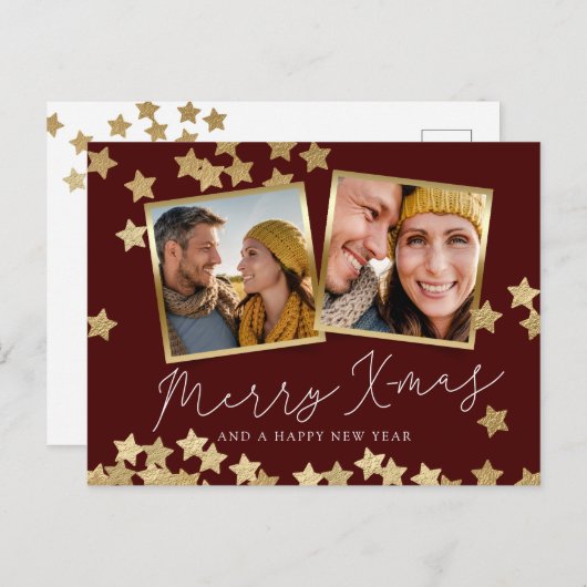 メリークリスマス2フォトホリデーポストカードレッド金ゴールド シーズンポストカード (正面/裏面)