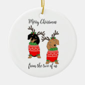 メリークリスマス2人がダックスフントを飾った セラミックオーナメント (正面)