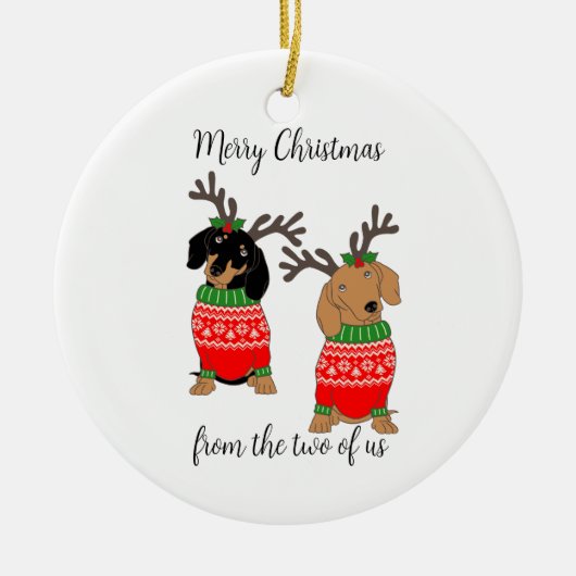 メリークリスマス2人がダックスフントを飾った セラミックオーナメント (正面)