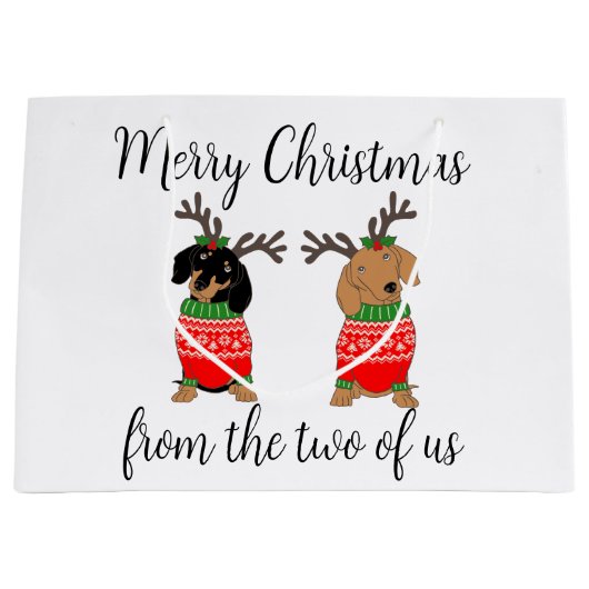 メリークリスマス2人がダックスフントを飾った ラージペーパーバッグ (正面)