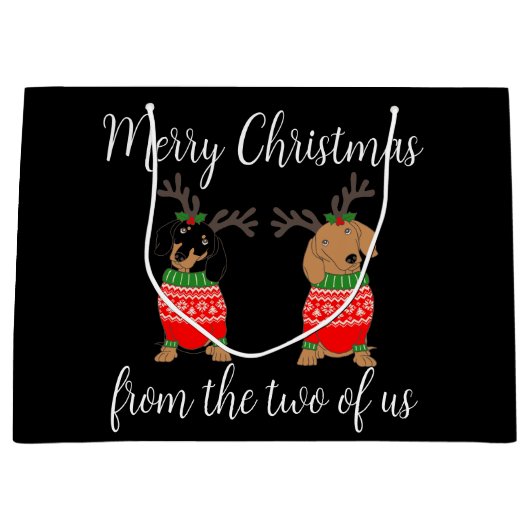 メリークリスマス2人がダックスフントを飾った ラージペーパーバッグ (正面)