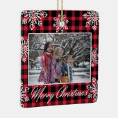 メリークリスマス2写真スノーフレーク赤い格子模様 セラミックオーナメント (右)