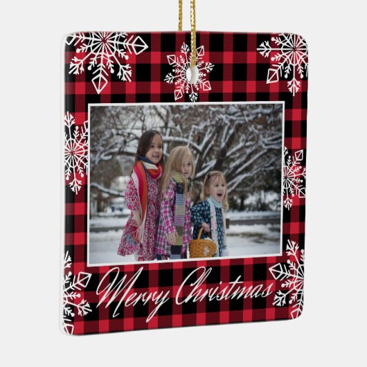 メリークリスマス2写真スノーフレーク赤い格子模様 セラミックオーナメント (右)